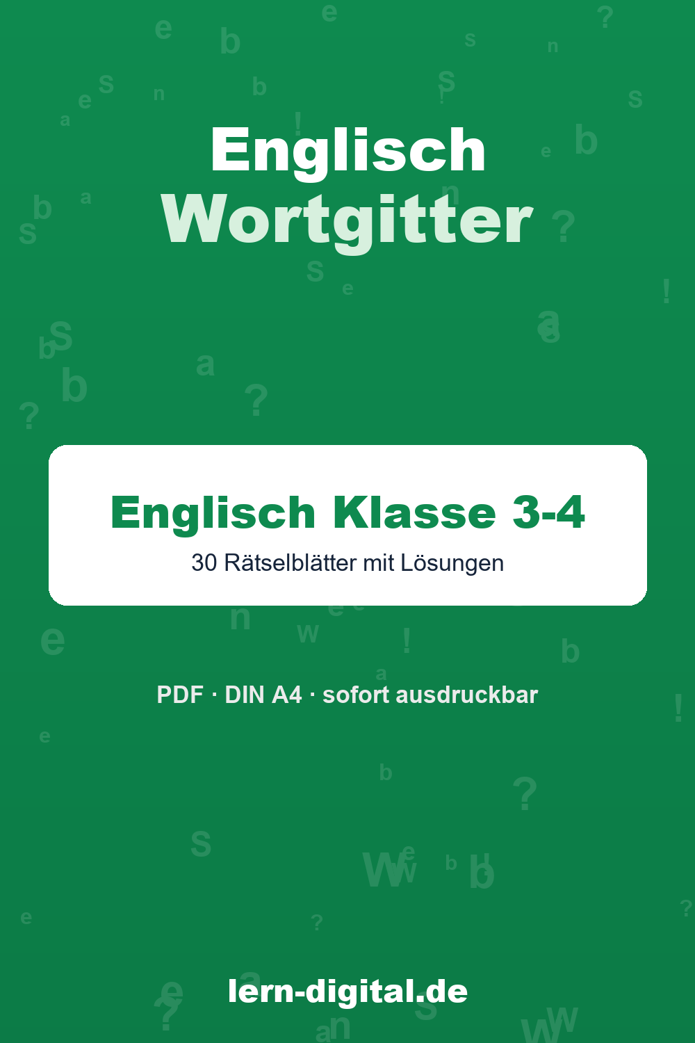 Cover: Englisch Wortgitter, 30 Rätselblätter Grundschule Klasse 3-4 mit Lösungen
