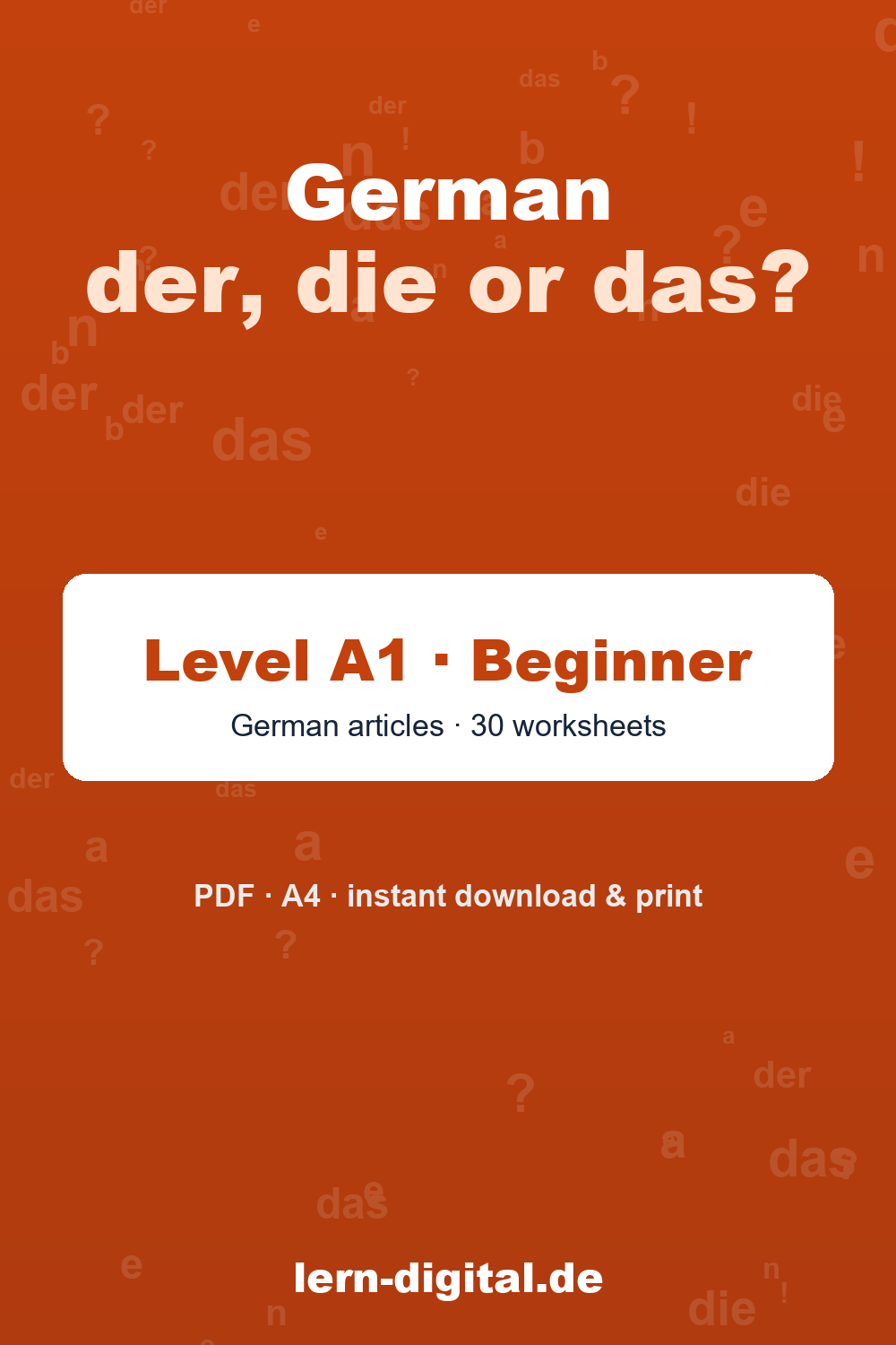 Cover: German der die das articles practice worksheets PDF – Level A1