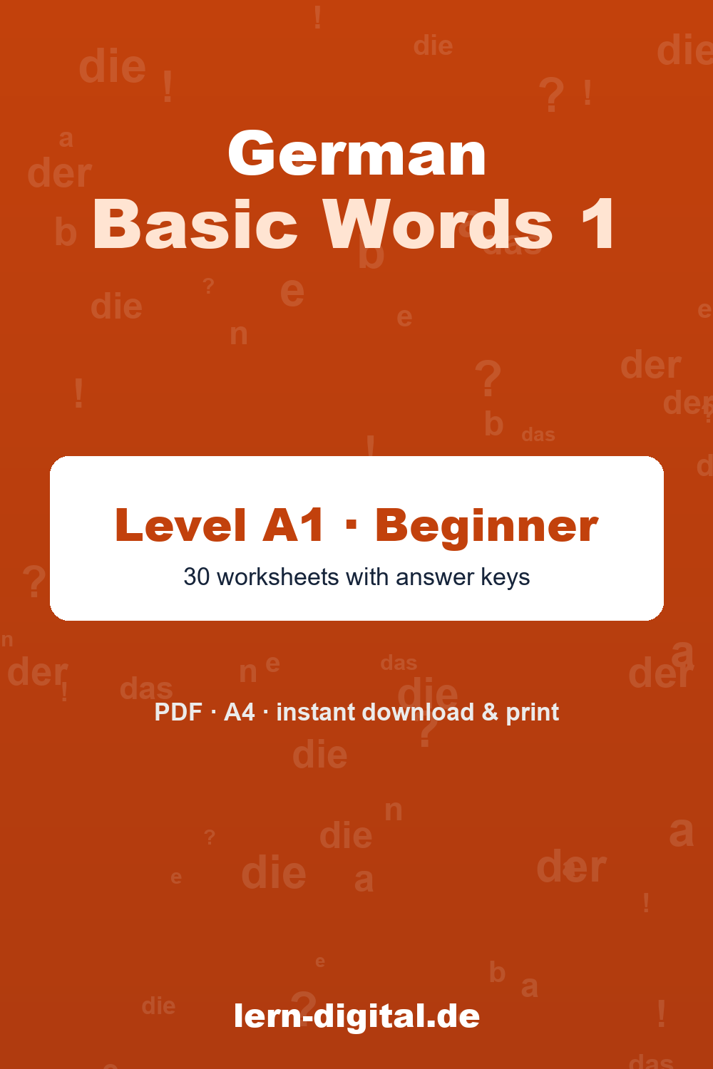 Cover: German Basic Words 1 – Level A1 vocabulary worksheets PDF