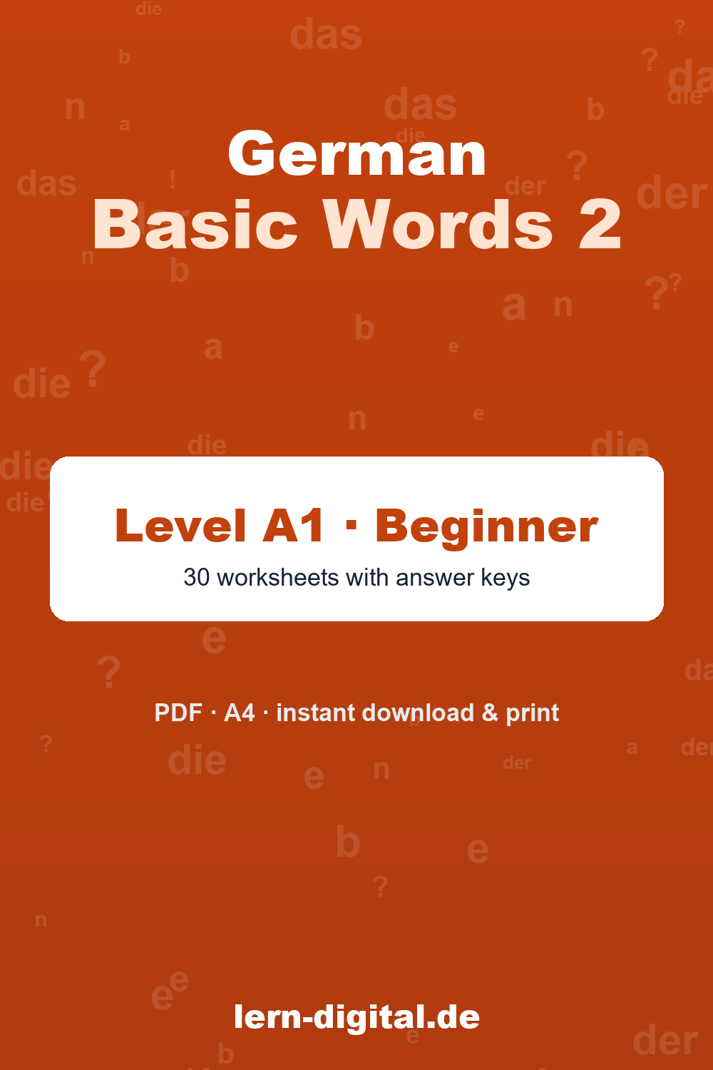 Cover: German Basic Words 2 – Level A1 vocabulary worksheets PDF