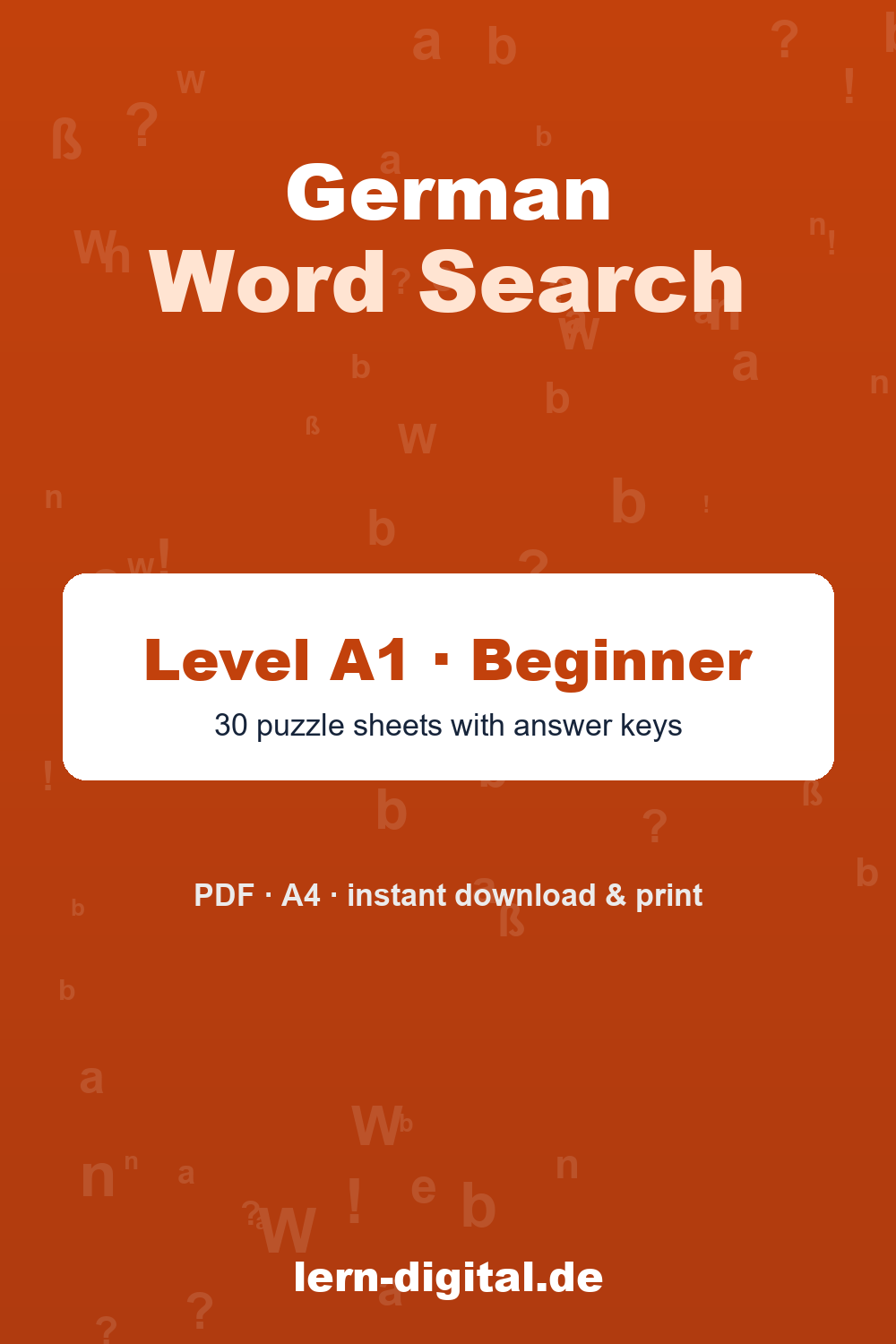 Cover: German Word Search printable PDF – Level A1 vocabulary puzzles